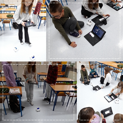 Zdjęcia uczniów pracujących z robotami edukacyjnymi.