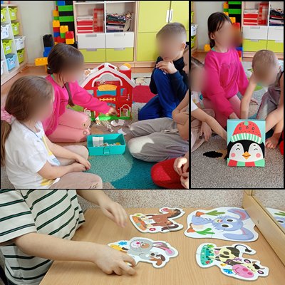 Kolaż zdjęć z&nbsp;zajęć logopedycznych.