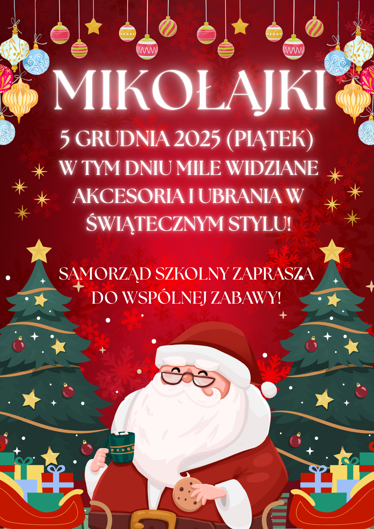 Zaproszenie dla uczni&oacute;w do ubrania się na&nbsp;czerwono z&nbsp;okazji Mikołajek.