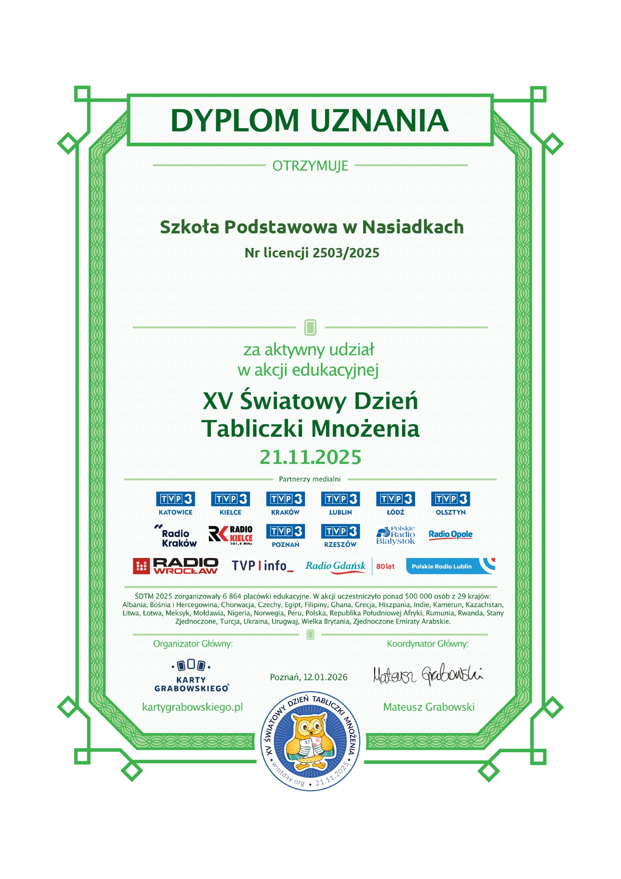 Dyplom za aktywny udział w&nbsp;Światowym Dniu Tabliczki Mnożenia