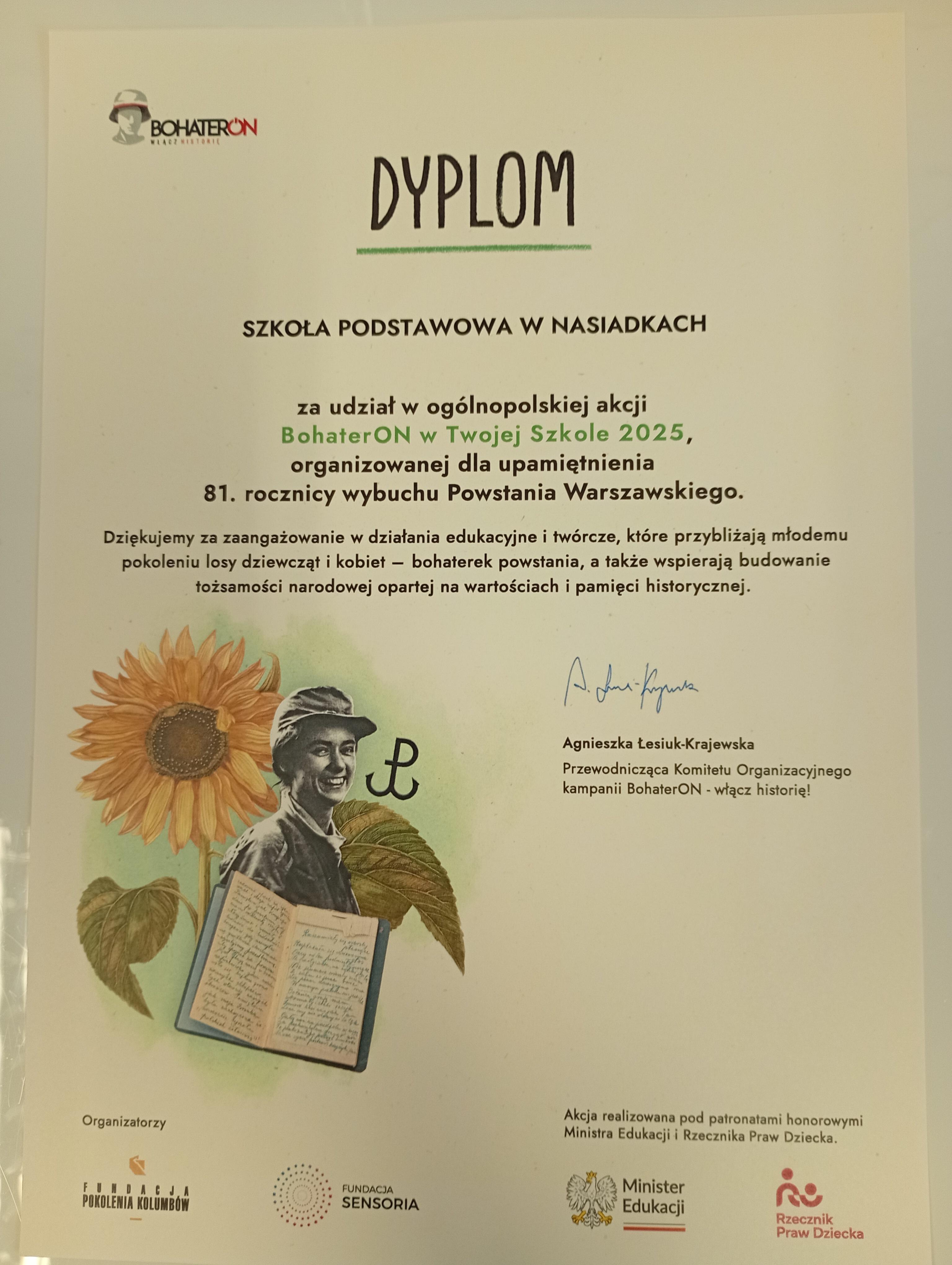 Dyplom za udział w&nbsp;akcji "BohaterOn".