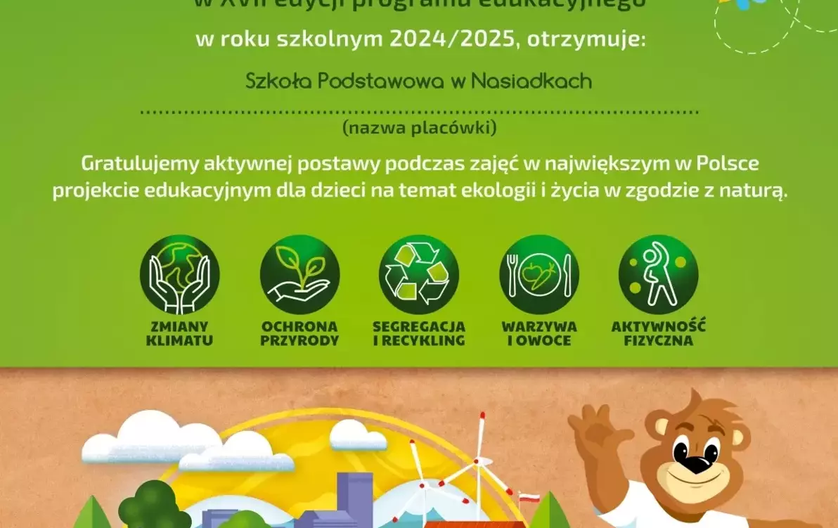Zdjęcie do Certyfikat udziału w programie edukacyjnym "Kubusiowi Przyjaciele Natury"