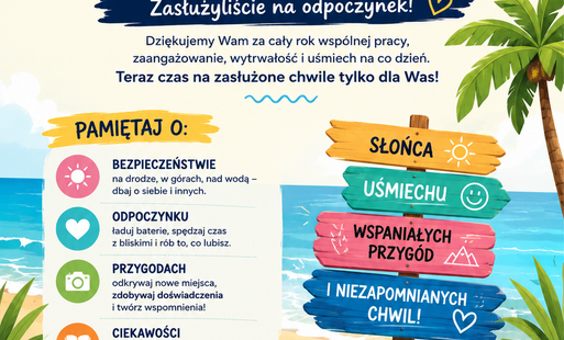Grafika z życzeniami dla uczniów na wakacje.