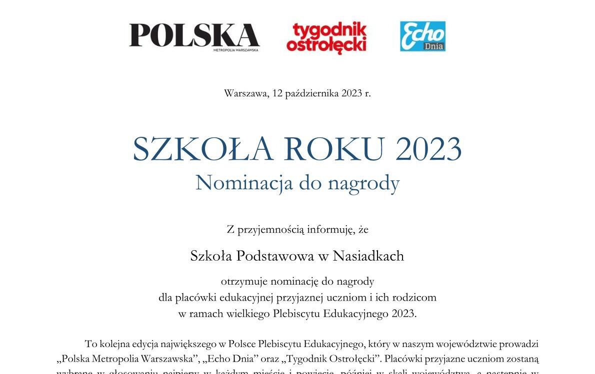 Zdjęcie do Nominacja w Plebiscycie Edukacyjnym 2023